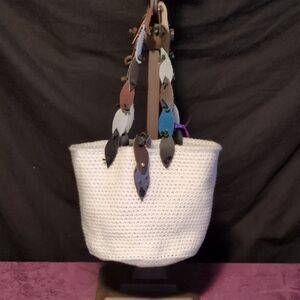 NEW! Handmade White Crochet Acrylic Round Tote Multicolor Leather Strap Closure